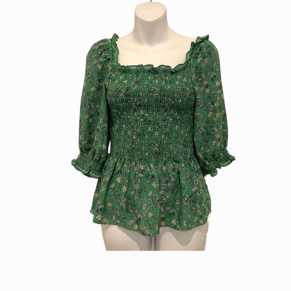 Max Studio Smocked Green Floral Blouse NWT